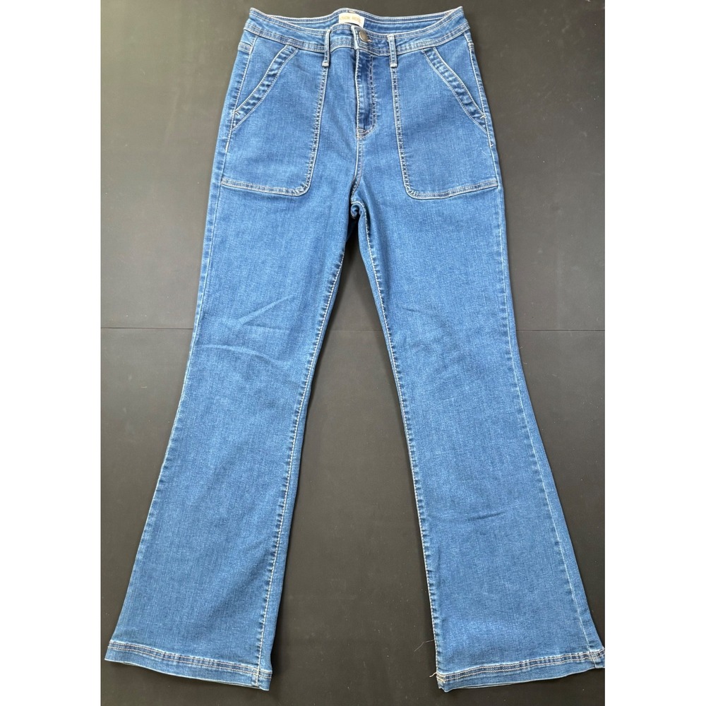 Knox Rose Jeans Womens 12 High Rise Flare Blue Denim Front Patch Pockets Boho